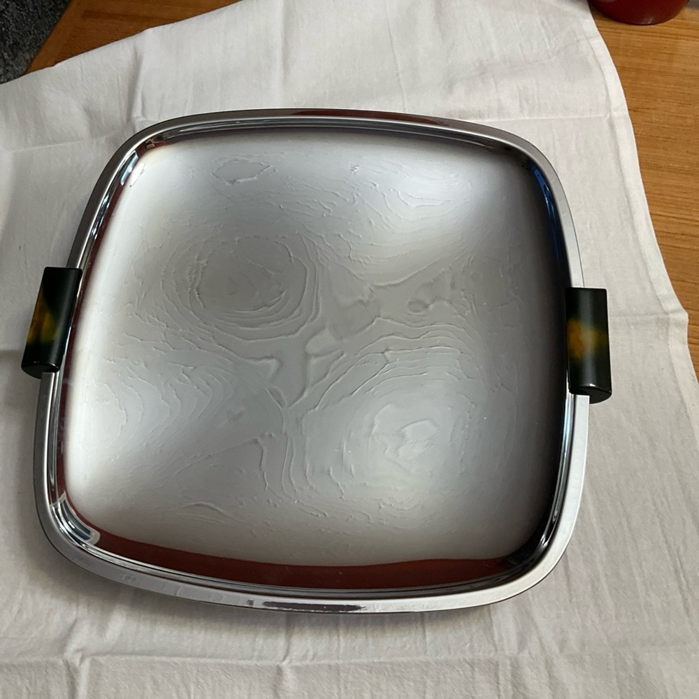 VINTAGE Glo Hill Silver tone Tray with rare yellow burst on dark Handles